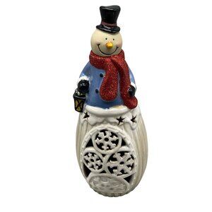 Christmas light up tall glass snowman lantern sparkle scarf black top hat READ